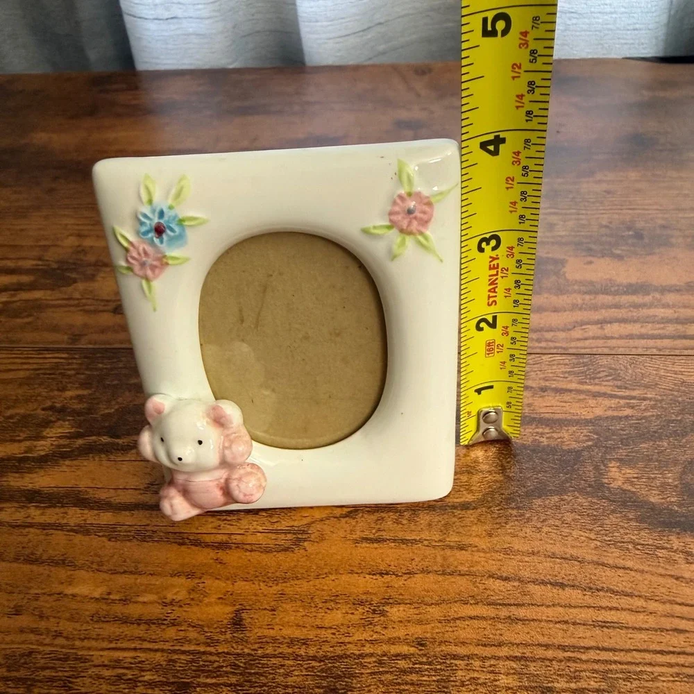Vintage Ceramic Teddy Bear Floral Picture Frame Pastel Nursery Decor 4x3.25